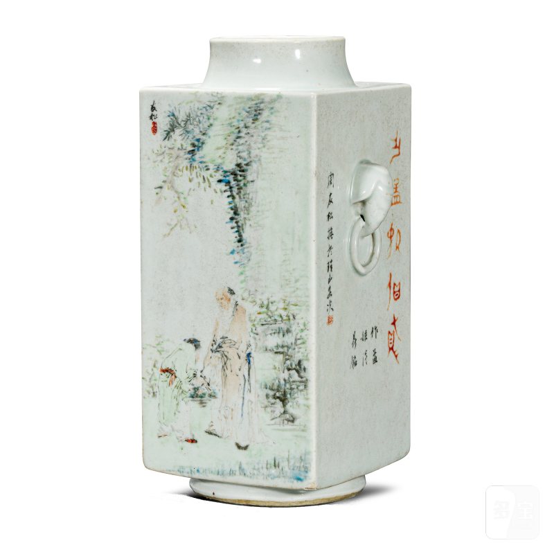 清光绪 周友松浅绛彩山水人物琮式瓶